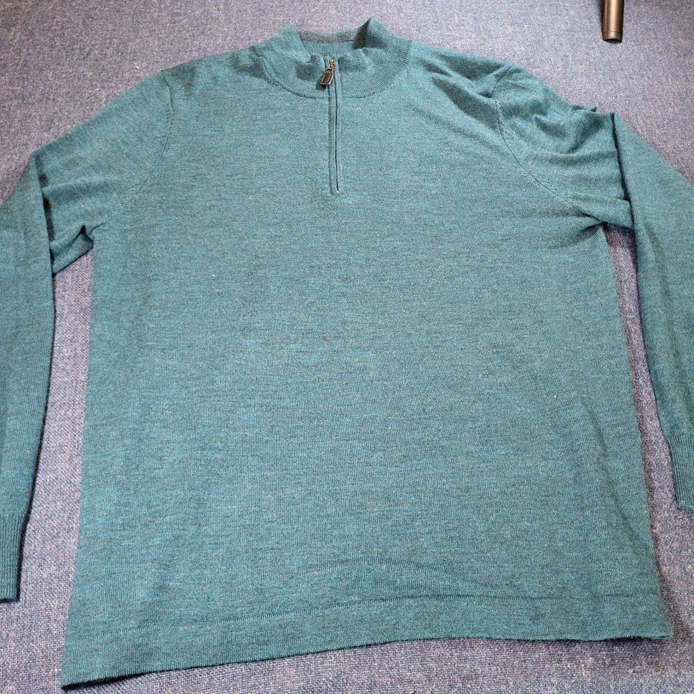 Jos A Bank Traveler Mens Large Teal Blue 100% Merino Wool Quarter Zip Sweater